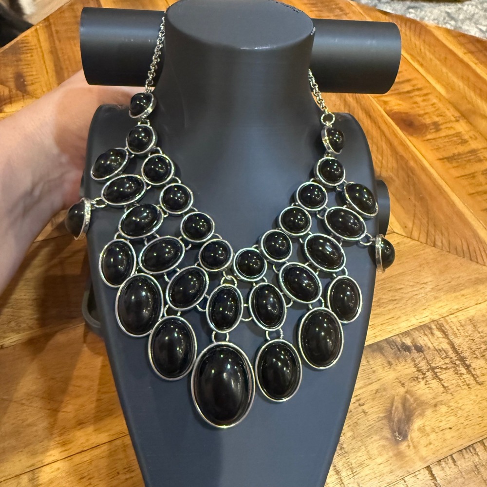 Gothic Glam Black Cabochon Silver Tone Bib Statement Necklace Whimsigoth